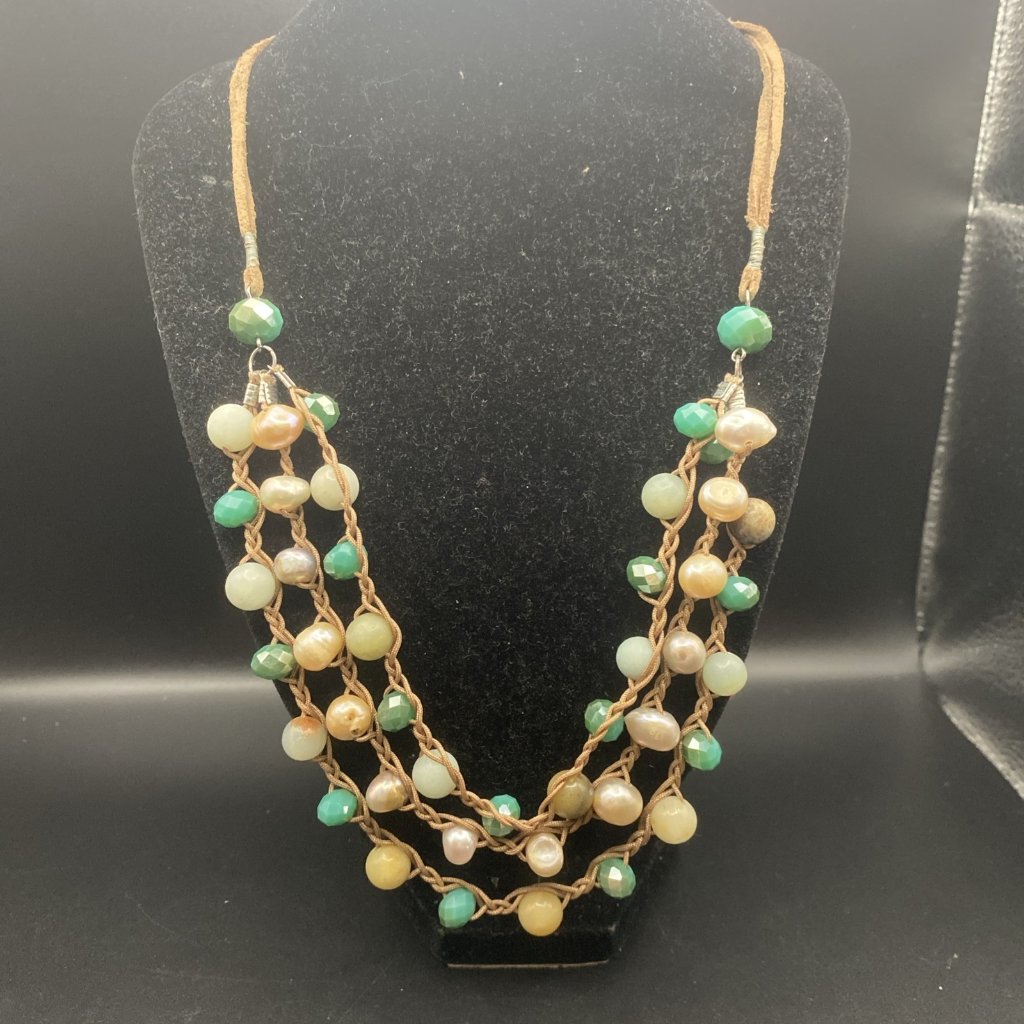 You And I Layered Necklace Real Freshwater Pearls Amazonite Ab Glass 19-22